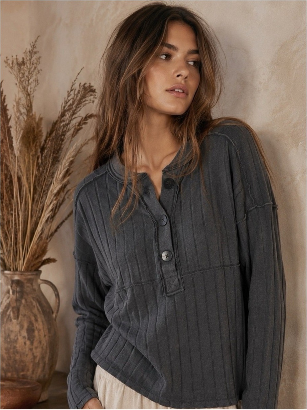 Free People Oversized Ribbed Henley Top